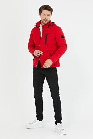 Mero Life Erkek Kırmızı Kapüşonlu Su Ve Rüzgar Geçirmez Softshell Mont